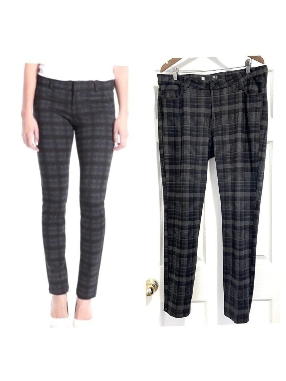KUT From The Kloth Diana Stretch Skinny Pants Black Grey Plaid Size 16